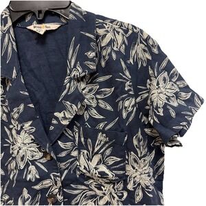 Hang Ten Hawaiian Shirt Women's XS Blue Floral Linen Rayon Short Sleeve Button